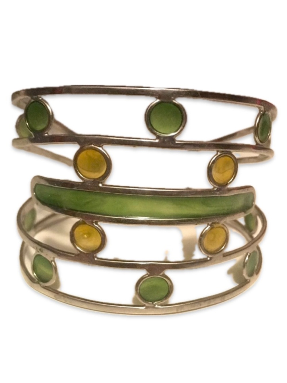 Stained Glass Wide Band Cuff Bracelet Silver Tone Green Yellow Statement Like Ne